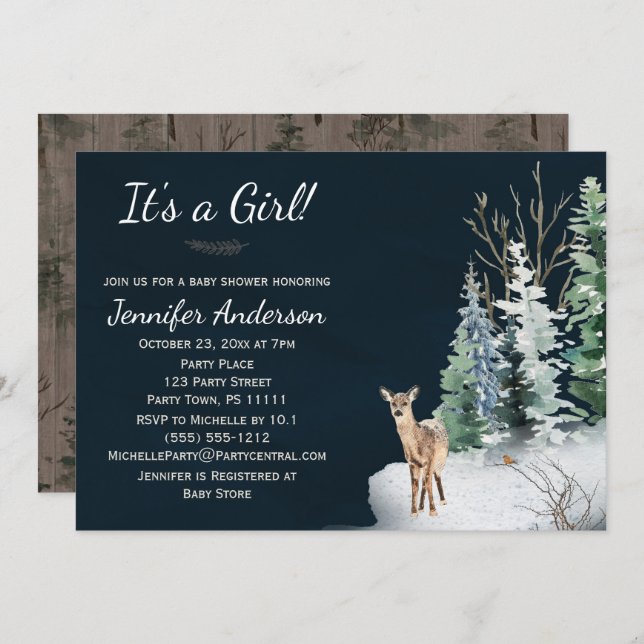 Convites Chá de fraldas de Garotas de Veado da Floresta de  (Frente/Verso)