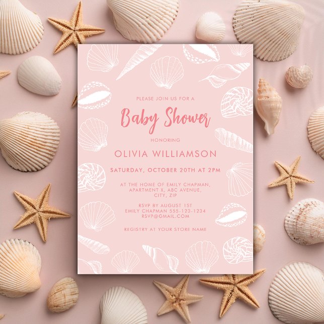 Convites Chá de fraldas de Garotas do Mar de Praia (Pale pink sea shell baby shower invitation, ideal for beach ocean theme baby girl mom to be.)