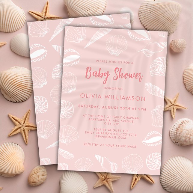 Convites Chá de fraldas de Garotas do Mar de Praia (Pink seashell ocean baby shower invitation.)
