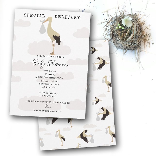Convites Chá de fraldas de Garotinha de Stornborn (Stork Newborn Baby Boy Girl Baby Shower Invitation)