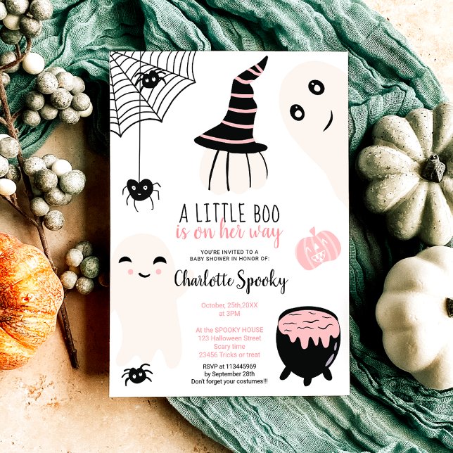 Convites Chá de fraldas de garotinha rosa-rosa do Halloween (Cute pink Halloween little boo girl baby shower Invitation)