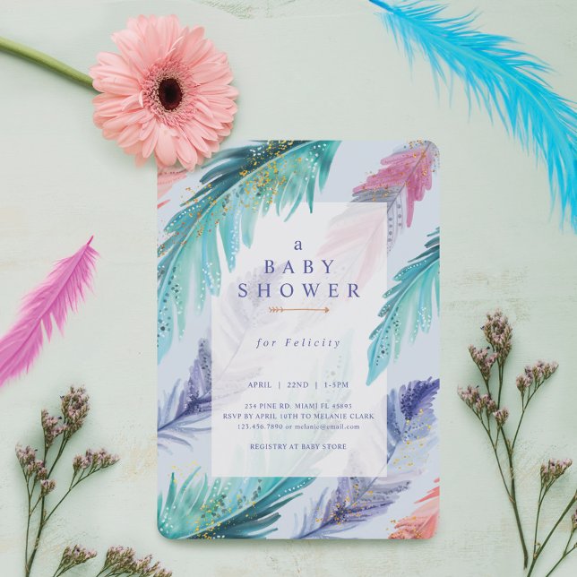 Convites Chá de fraldas de Garoto Boêmico de Penas Aquática (Watercolor Feathers Chic Bohemian Boy Baby Shower Invitation)