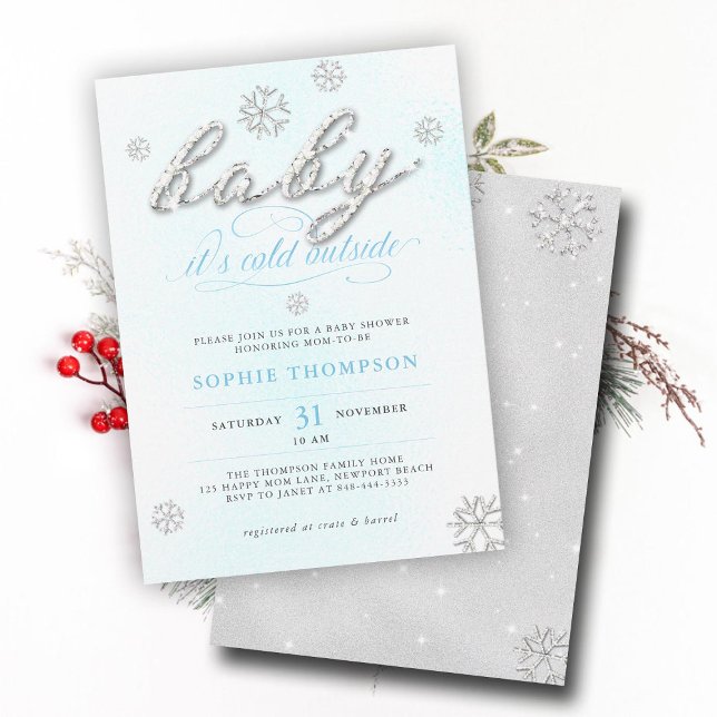Convites Chá de fraldas De Garoto Com Glitter Frio Fora De  (cold outside boy baby shower invitation white blue christmas winter rhinestone snowflake elegant)
