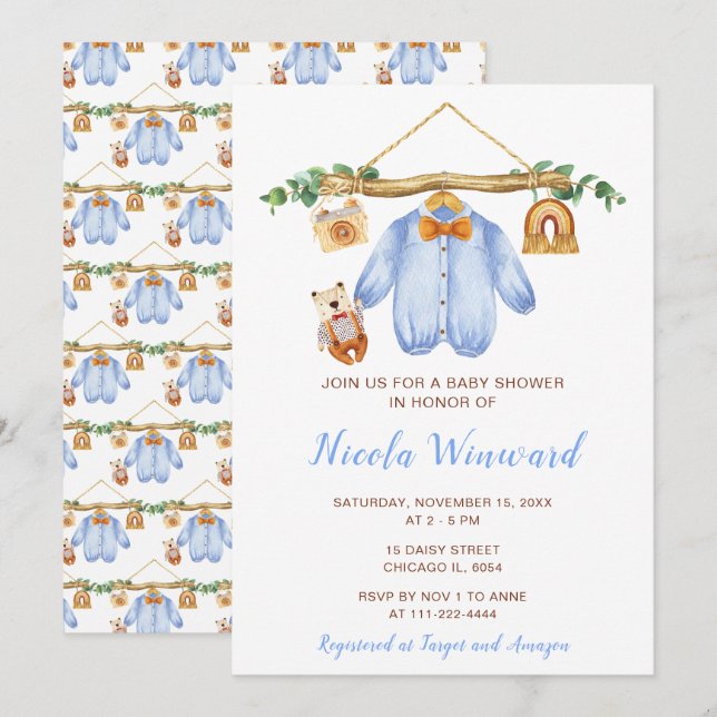 Convites Chá de fraldas de Garoto de Linha de Quebra de Out (Frente/Verso)