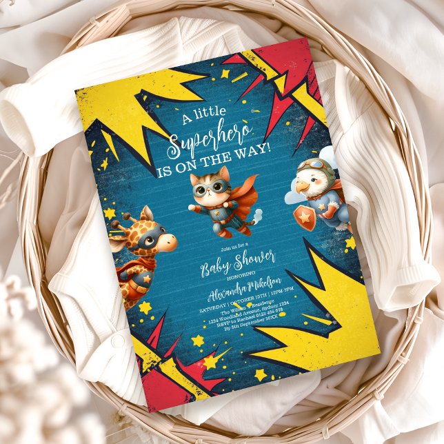 Convites Chá de fraldas de Garoto dos Animais Super Heróis (Criador carregado)