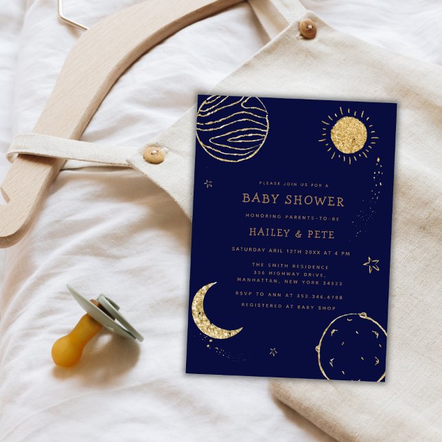 Convites Chá de fraldas de Garoto Galáxico Moon Star (Midnight Galaxy Moon Star Boy Baby Shower Invitation)