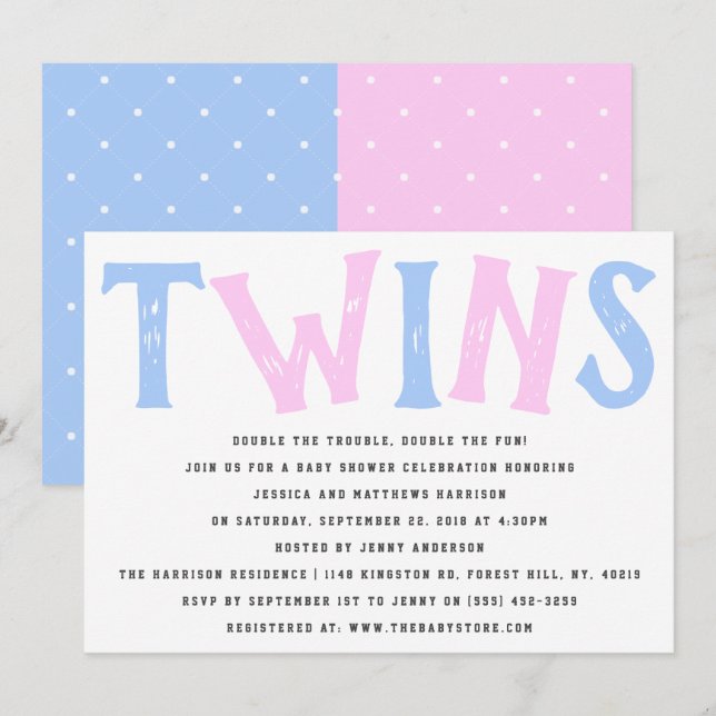 Convites Chá de fraldas de Garotos e Gêmeas Modernas de Tip (Frente/Verso)