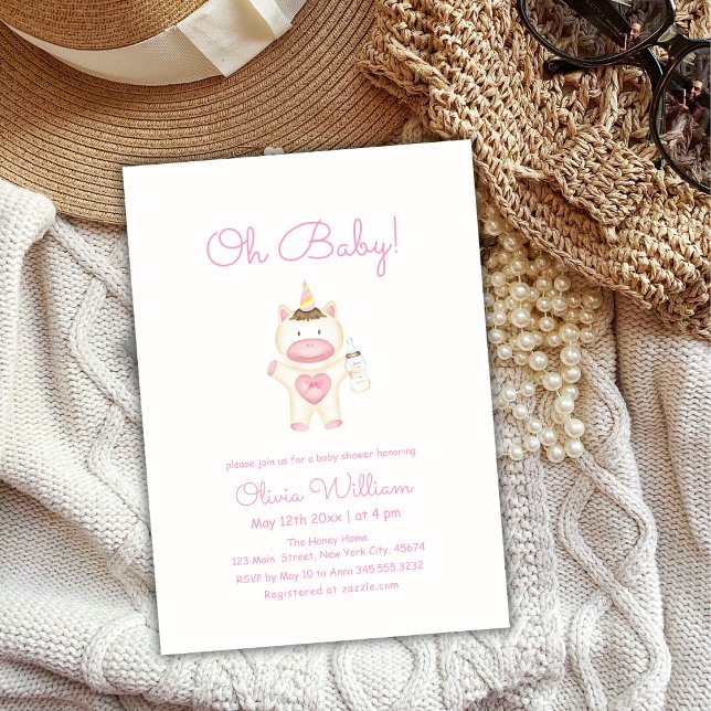 Convites Chá de fraldas de Garrafa de Pastel Rosa (Pastel Pink Fairy Unicorn Bottle Girl Baby Shower Invitation)