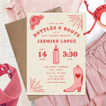 Convites Chá de fraldas de Garrafas e Boots Cowgirl<br><div class="desc">Chá de fraldas temático Cowgirl com esquema de cor rosa e vermelha com ilustrações de rosa,  botas de cowboy e garrafa de bebê.</div>