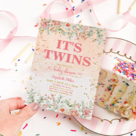 Convites Chá de fraldas de Gêmeas com Flor Cor-de-Água Rosa