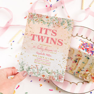 Convites Chá de fraldas de Gêmeas com Flor Cor-de-Água Rosa