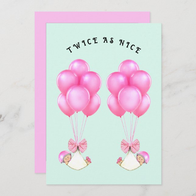 Convites Chá de fraldas de Gêmeas Raparigas (Frente/Verso)