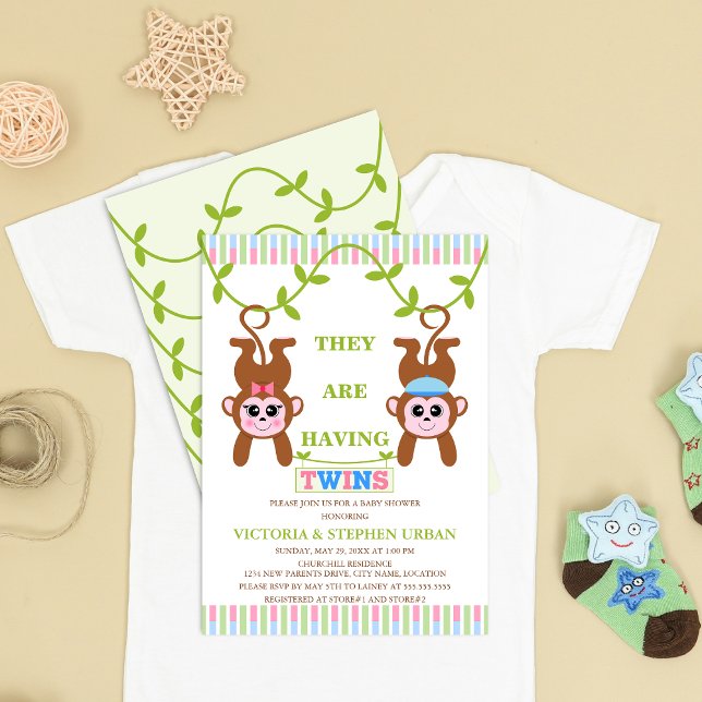 Convites Chá de fraldas de gêmeo e macaco (Cute twin boy and girl monkey baby shower invitation front and back view.)