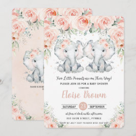 Convites Chá de fraldas de Gêmeos Elefantes Florais Pastel