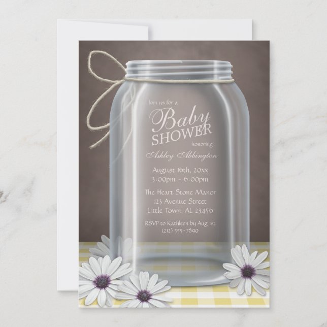 Convites Chá de fraldas De Gingham Amarelo De Mason Jar (Frente)