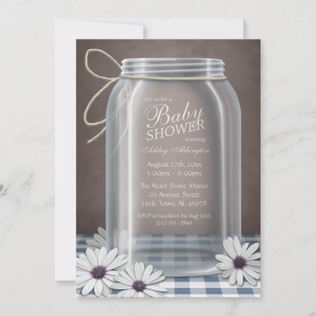 Convites Chá de fraldas de Gingham Azul Mason Jar (Frente)