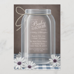 Convites Chá de fraldas de Gingham Azul Mason Jar