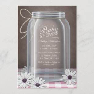 Convites Chá de fraldas de Gingham de Mason Jar Pink