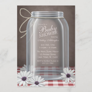 Convites Chá de fraldas de Gingham no Mason Jar Red