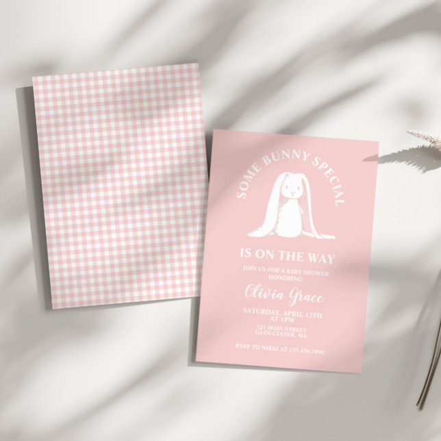 Convites Chá de fraldas de Gingham Rosa Especial de Bunny (Criador carregado)