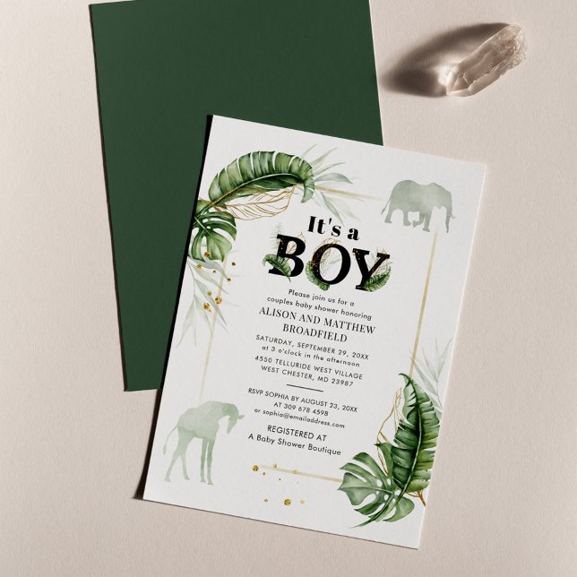 Convites Chá de fraldas de Girafa do Elefante Safari Botâni (Jungle Safari Animals Couples Boy Baby Shower Invitation)