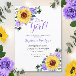 Convites Chá de fraldas De Girassol É Uma Garota Roxo