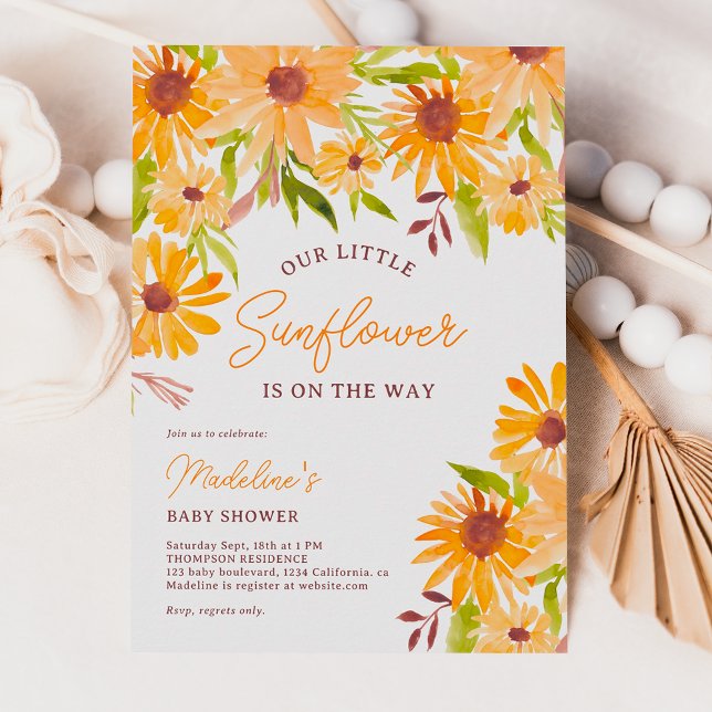 Convites Chá de fraldas de girassol em queda moderna (Modern fall sunflower script baby shower invitation)