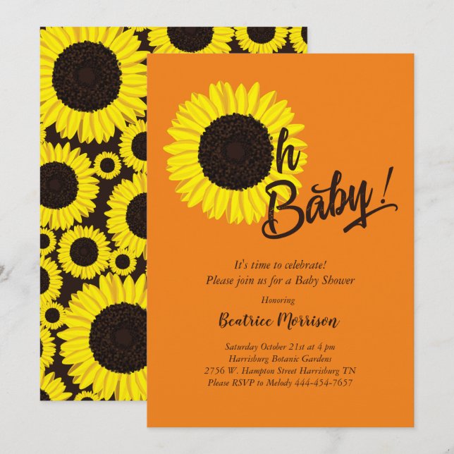 Convites Chá de fraldas de girassol Verão (Frente/Verso)