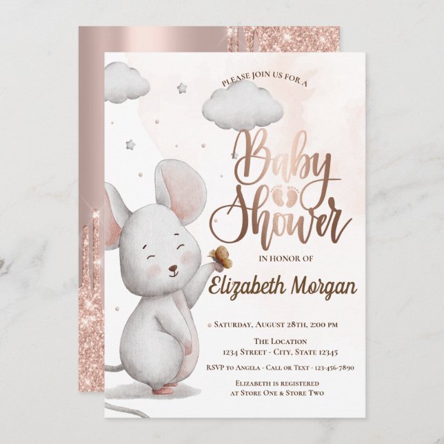 Convites Chá de fraldas de Glitter Dourado com Rosa de Mous (Frente/Verso)