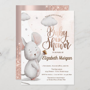 Convites Chá de fraldas de Glitter Dourado com Rosa de Mous