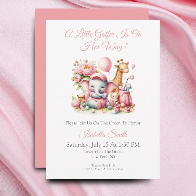 Convites Chá de fraldas de Golfe de Elefante e Girafa Menin (You are called to the tee box for this sweet baby girl baby shower for a golf family!)