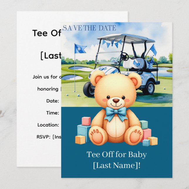 Convites Chá de fraldas de golfe para menino com carrinho d (Frente/Verso)