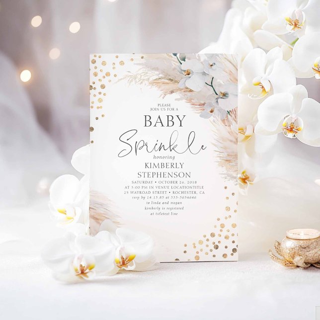 Convites Chá de fraldas de Grama de Orquídeas Brancas (Baby Sprinkle Boho Baby Shower Invitations)