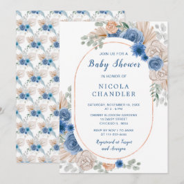 Convites Chá de fraldas de Grass Boho Pampas Azul