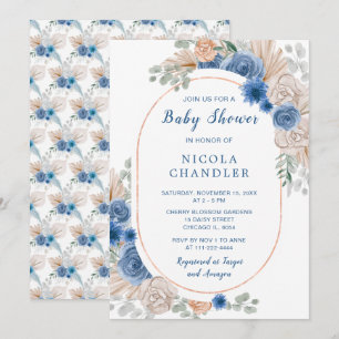 Convites Chá de fraldas de Grass Boho Pampas Azul