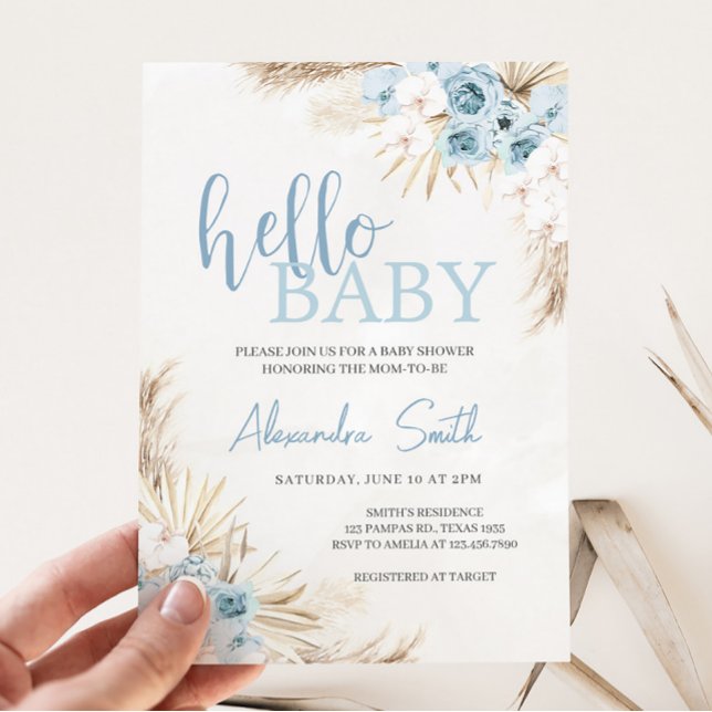 Convites Chá de fraldas de Grass Floral Azul (Floral Pampas Grass Baby Shower Invitation)