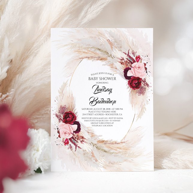 Convites Chá de fraldas de Grass Floral Floral Vermelho Bur (Burgundy Red and Pink Flowers Elegant Boho Baby Shower Invitation)