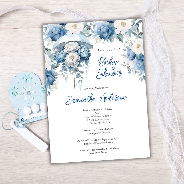 Convites Chá de fraldas de Guarda-chuva azul branco Floral (Dusty Blue White Floral Baby Shower Umbrella Baby Boy Baby Shower Invitation)