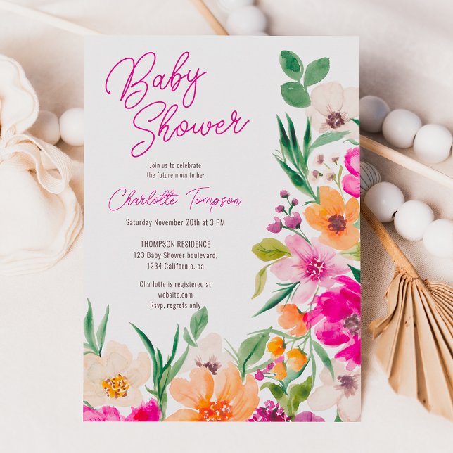 Convites Chá de fraldas de guião de flores silvestres, arro (Bright bold wild flowers script baby shower invitation)