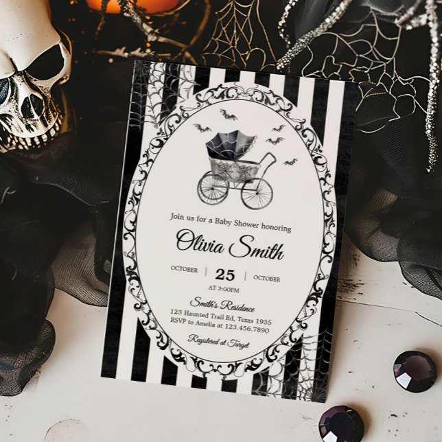 Convites Chá de fraldas de Halloween Carruagem gótica (Gothic Vintage Baby Carriage Stroller Bats Halloween Baby Shower Invitation)