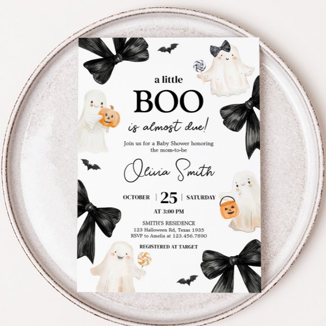 Convites Chá de fraldas de Halloween do Pequeno Fantasma (Black Bow Little Boo Halloween Baby Shower Invitation)