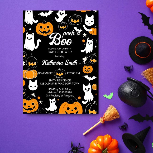 Convites Chá de fraldas de Halloween espia dois fantasmas b (Peek a boo Halloween baby shower template invitation digital download cute cat baby ghosts pumpkins)