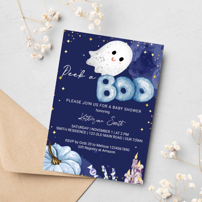 Convites Chá de fraldas de Halloween espia um lindo fantasm (Peek a boo Halloween baby shower invitation instant download cute baby ghost pumpkin navy blue)
