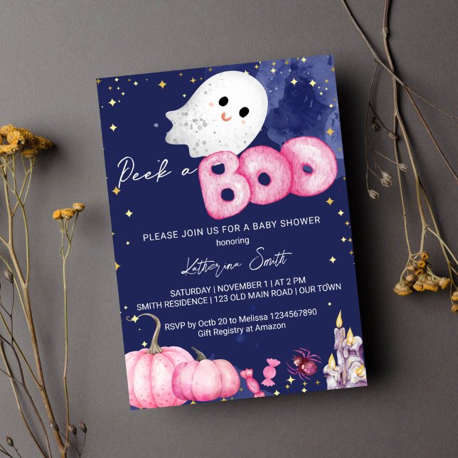 Convites Chá de fraldas de Halloween espia um lindo fantasm (Peek a boo Halloween girl baby shower pink pumpkin cute ghost starry blue background )