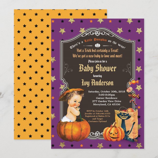 Convites chá de fraldas de Halloween - ouro preto (Frente/Verso)