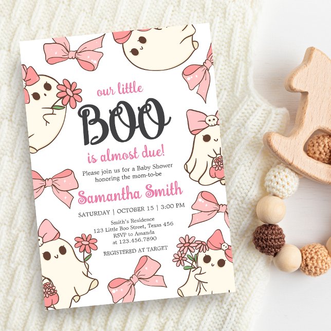 Convites Chá de fraldas de Halloween para Meninas Fantasmas (Pink Little Boo Halloween Baby Shower Invitation)