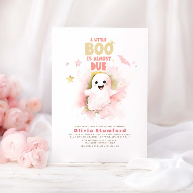 Convites Chá de fraldas De Halloween Um Pequeno Bebê Rosa (Little Boo Ghost Halloween Baby Shower Invitations)
