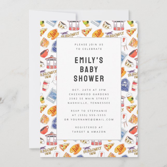 Convites Chá de fraldas de Ícones de Aquarela de Gilmore Gi (Frente)