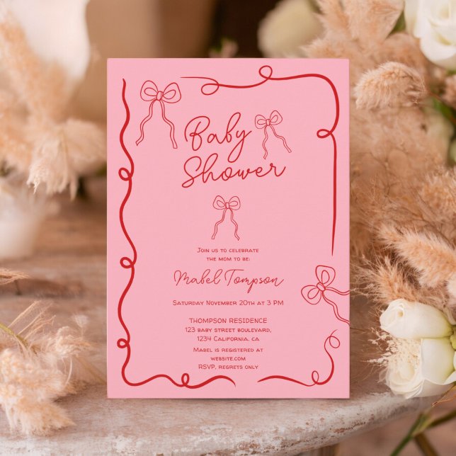 Convites Chá de fraldas de ilustrações de fita de arcos ros (Red pink bows ribbon illustrations Baby shower Invitation)