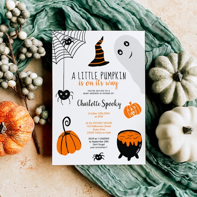 Convites Chá de fraldas de ilustrações do Dia das Bruxas em (Cute orange Halloween illustrations baby shower Invitation)